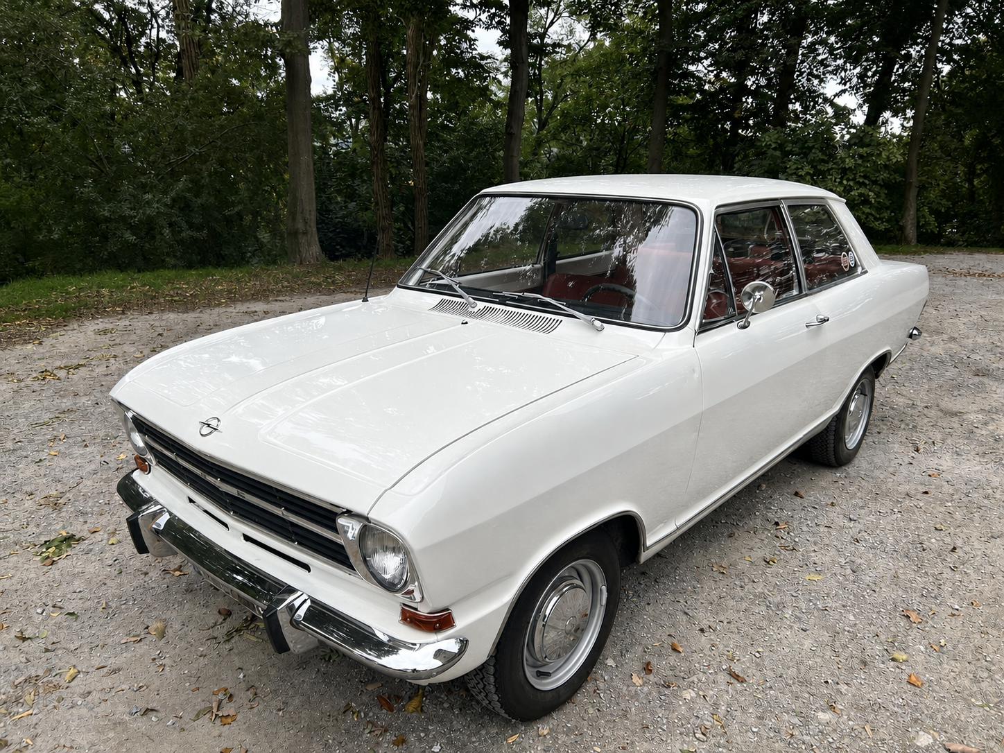 Weißer historischer Opel Kadett mit roter Innenausstattung im Grünen